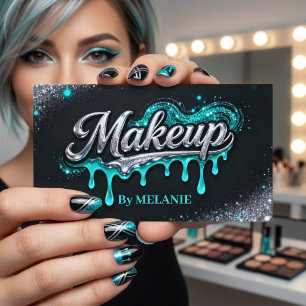 Tarjeta De Visita Artista de Maquillaje Teal Silver Drips Glitter de