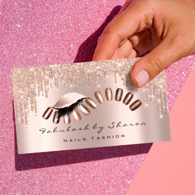 Tarjeta De Visita Artista de maquillaje uñas Purpurina goteo Rosa la (Makeup Artist Nails Glitter Drips Rose Lashes Business Card)