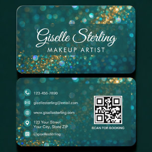Tarjeta De Visita Artista de Maquillaje Verde Dorado Código QR Profe