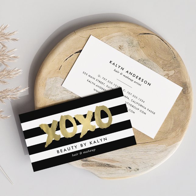 Tarjeta De Visita Artista de maquillaje XOXO Faux Gold y Black Strip (Subido por el creador)