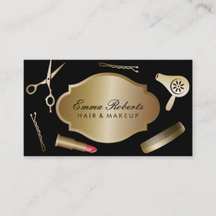 Tarjeta De Visita Artista de maquillaje y negro moderno y oro del