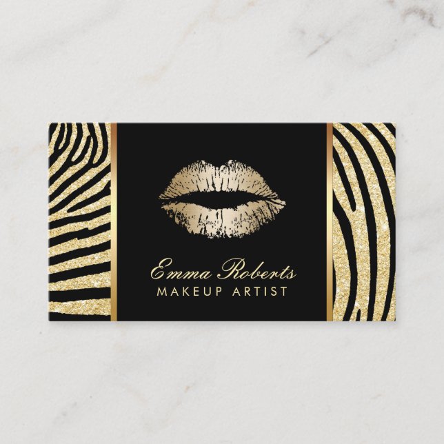 Tarjeta De Visita Artista de maquillaje Zebra Stripes Gold Lips Eleg (Anverso)