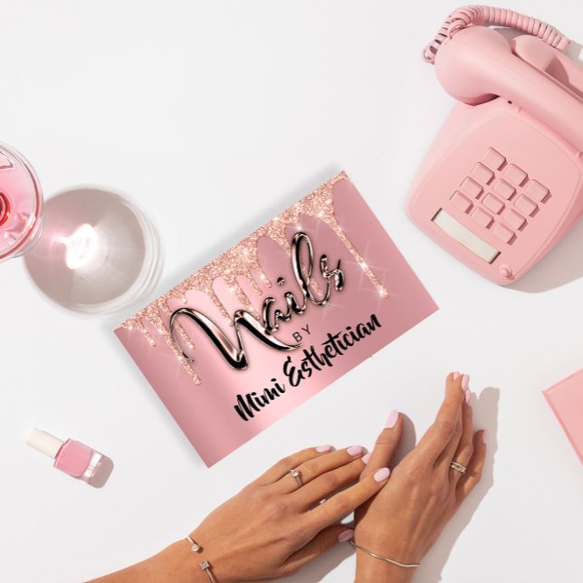 Tarjeta De Visita Artista de Nails Studio Perforaciones Acrílicas Pu (Nails Studio Artist Acrylic Drips Glitter Pink Business Card)