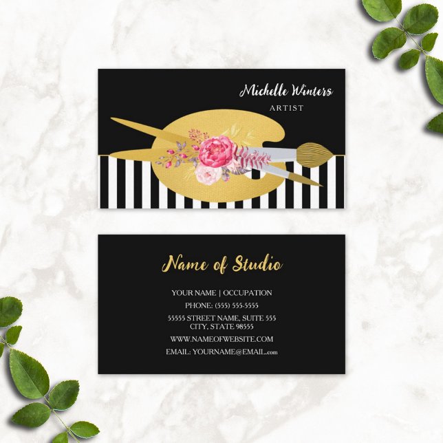 Tarjeta De Visita Artista De Rayas Florales Con Pincel De Pintura Fa (Floral Stripes Artist With Faux Gold Paint Brush Business Cards)