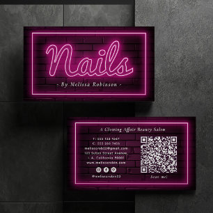 Tarjeta De Visita Artista de Salón de Uñas Señal de Neón Rosa y Códi