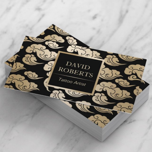 Tarjeta De Visita Artista de tatuaje moderno Patrón oriental negro y (Subido por el creador)