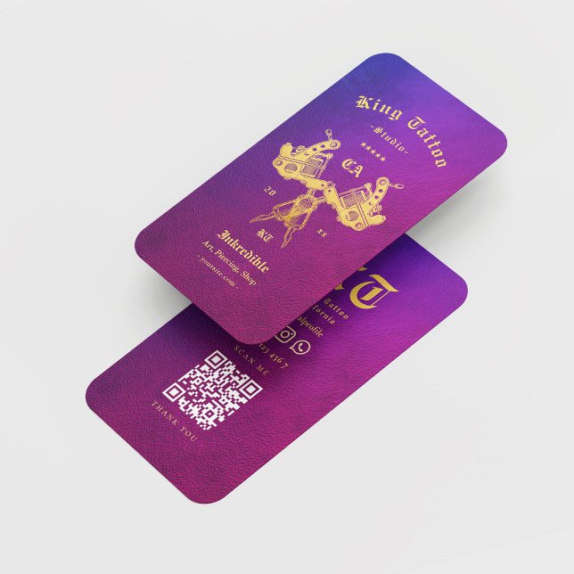 Tarjeta De Visita Artista de tatuaje moderno retro azul oro púrpura (Subido por el creador)