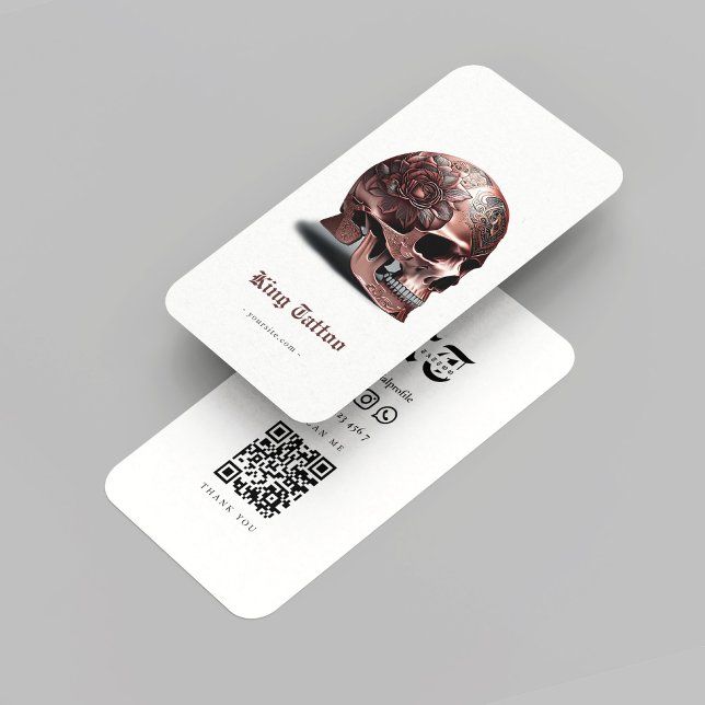 Tarjeta De Visita Artista de tatuaje moderno Rosegold Skull Código Q (Modern Tattoo Artist Rosegold Skull Qr Code White Business Card
)