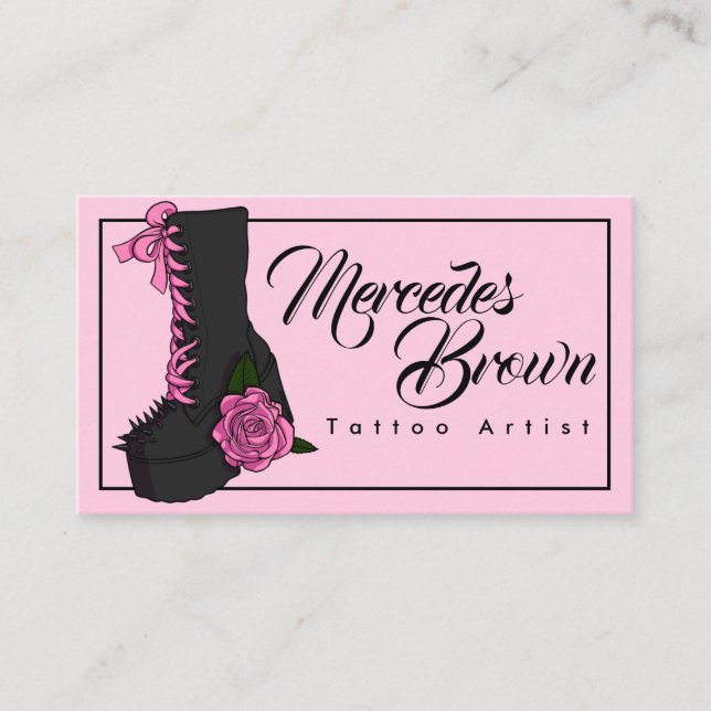 Tarjeta De Visita Artista de tatuaje rosa rosa de arranque gótico (Anverso)