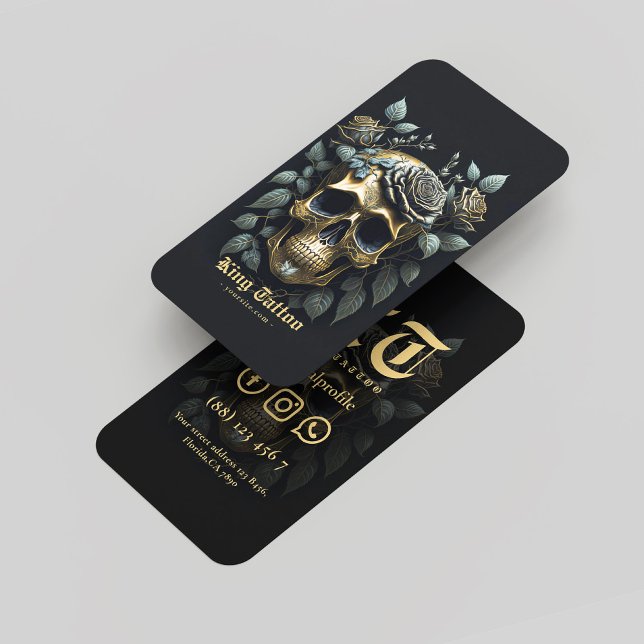 Tarjeta De Visita Artista de tatuajes con estilo floral Skull Gold (Monogram Pharmacy Pharmacist Dark Blue Modern Business Card
)