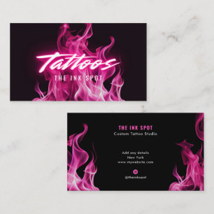 Tarjeta De Visita Artista de Tatuajes con Llamas de Neón Rosa Modern