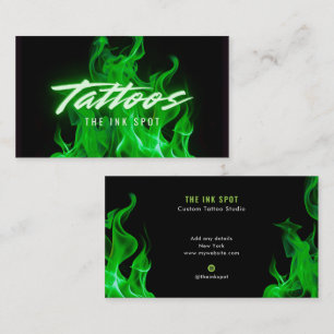 Tarjeta De Visita Artista de Tatuajes con Llamas de Neón Verde Moder