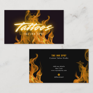 Tarjeta De Visita Artista de Tatuajes con Llamas Neon Naranja Modern