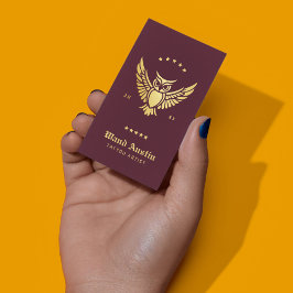 Tarjeta De Visita Artista De Tatuajes De Lechuza De Borgoña Y Oro