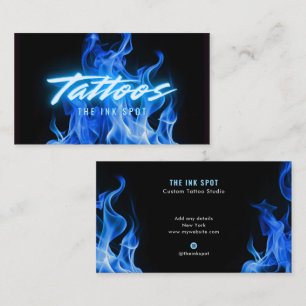 Tarjeta De Visita Artista de Tatuajes de Llamas de Neón Azul Moderna