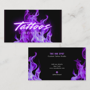 Tarjeta De Visita Artista de Tatuajes de Llamas de Neón Purpura Mode