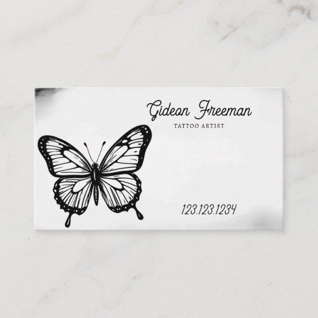 Tarjeta De Visita Artista de tatuajes de mariposa blanca y negra osc (Anverso)