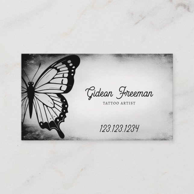 Tarjeta De Visita Artista de tatuajes de mariposa gris y negro oscur (Anverso)