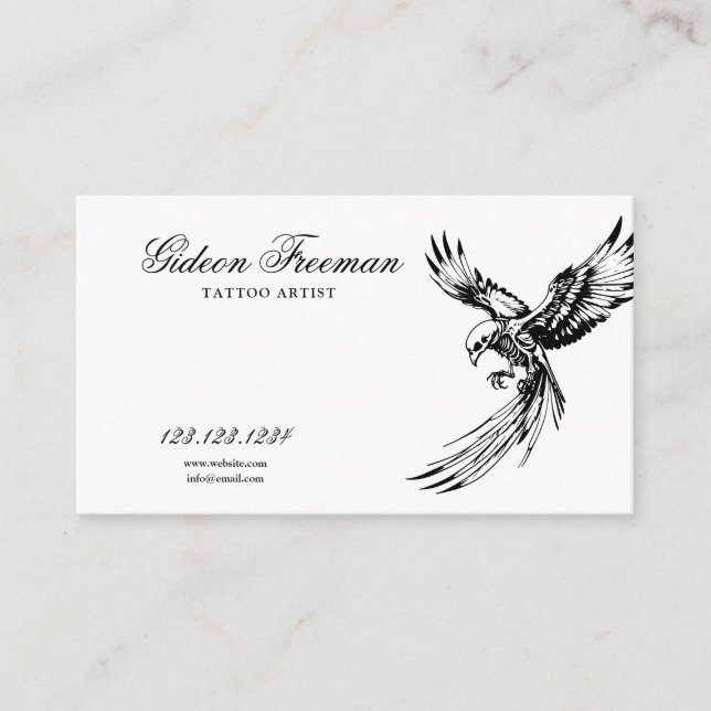 Tarjeta De Visita Artista de tatuajes de pájaro blanco y negro oscur (Anverso)