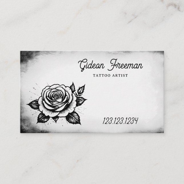 Tarjeta De Visita Artista de tatuajes de rosa negro y blanco (Anverso)