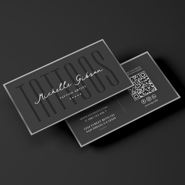 Tarjeta De Visita Artista de tatuajes Elegante Marco de Plata Negro  (Tattoo Artist Elegant Black Silver Frame Tattooist Business Card
)
