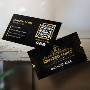 Tarjeta De Visita Artista de Tatuajes Elegante Negro y Dorado Conéct