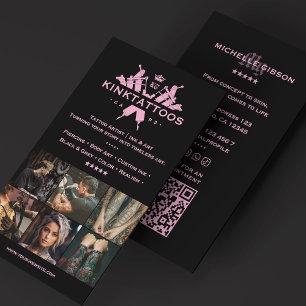 Tarjeta De Visita Artista de Tatuajes Estéticos Rosa Negro Tatuadora