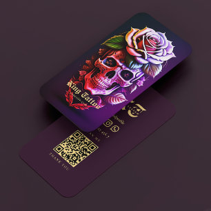 Tarjeta De Visita Artista de tatuajes Floral Skull Black Purple Mode