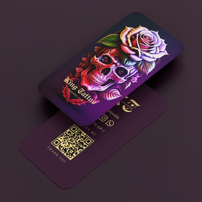 Tarjeta De Visita Artista de tatuajes Floral Skull Black Purple Mode (Tattoo Artist Floral Skull Black Purple Modern Business Card
)