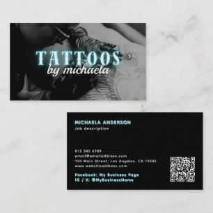 Tarjeta De Visita Artista de Tatuajes Foto Personalizada Neon Azul