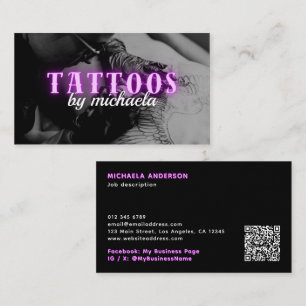 Tarjeta De Visita Artista de Tatuajes Foto Personalizada Neon Morado