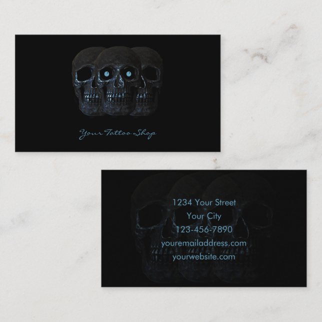 Tarjeta De Visita Artista de tatuajes Gothic Black Blue Dark Skull (Anverso / Reverso)