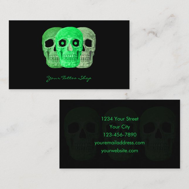 Tarjeta De Visita Artista de tatuajes Gothic Green Black Skull (Anverso / Reverso)