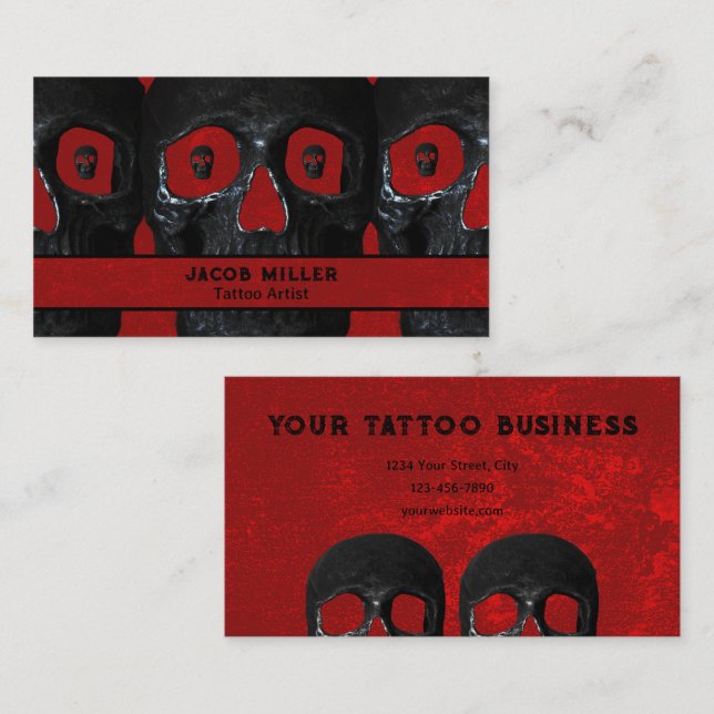 Tarjeta De Visita Artista de tatuajes Gótico Rojo Negro Oscuro Cráne (Anverso / Reverso)