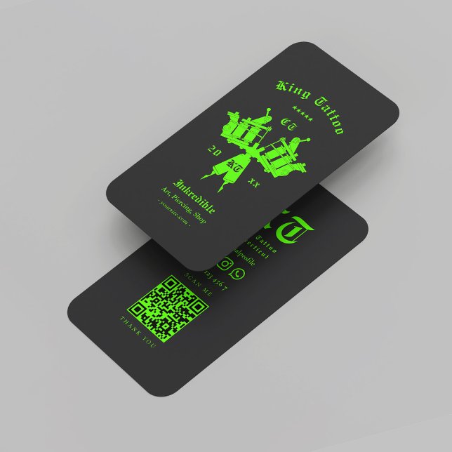 Tarjeta De Visita Artista de tatuajes modernos Monograma Neón negro  (Modern Tattoo Artist Monogram Black Neon Green Business Card
)