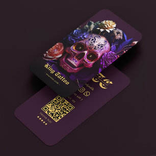 Tarjeta De Visita Artista de tatuajes Monograma Cráneo morado oscuro