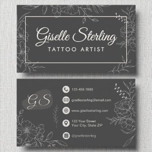 Tarjeta De Visita Artista de tatuajes Moody Charcoal Gray Floral Mod