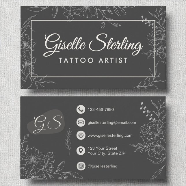 Tarjeta De Visita Artista de tatuajes Moody Charcoal Gray Floral Mod (Subido por el creador)