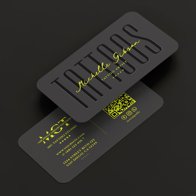 Tarjeta De Visita Artista de tatuajes Tatuajes Neon Amarillo moderno (Tattoo Artist Tattoos Neon Yellow Modern Business Card
)
