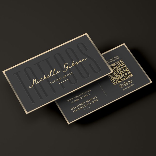 Tarjeta De Visita Artista de tatuajes tatuistas Faux Gold Frame Mode (Tattooist Tattoo Artist Black Gold Frame Modern Business Card
)