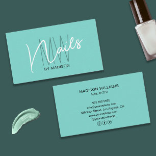 Tarjeta De Visita Artista de uñas azul con logotipo de monograma mod