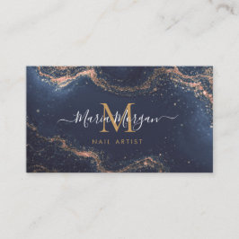 Tarjeta De Visita Artista de Uñas Azul Marino Ágata Monograma de Oro