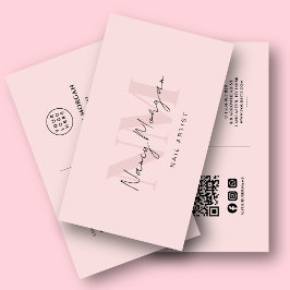 Tarjeta De Visita Artista de Uñas Blush Rosa Monograma Código Qr Log