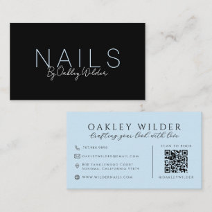 Tarjeta De Visita Artista de Uñas Código QR Azul Cielo Negro