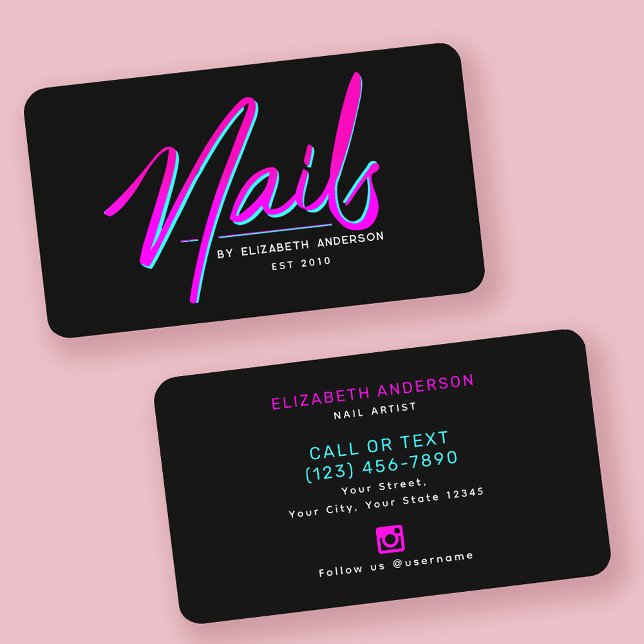 Tarjeta De Visita Artista de uñas con guión de Neon retro (Subido por el creador)