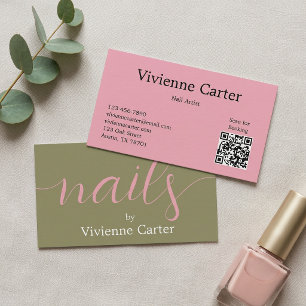 Tarjeta De Visita Artista de uñas con guión rosa verde oliva