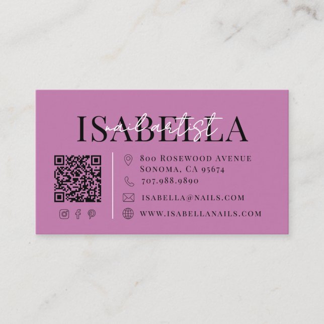 Tarjeta De Visita Artista de Uñas con Letra Script Morada Moderna (Anverso)