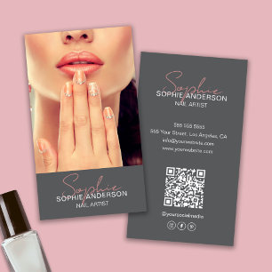 Tarjeta De Visita Artista de uñas Firma de guión moderno Gris