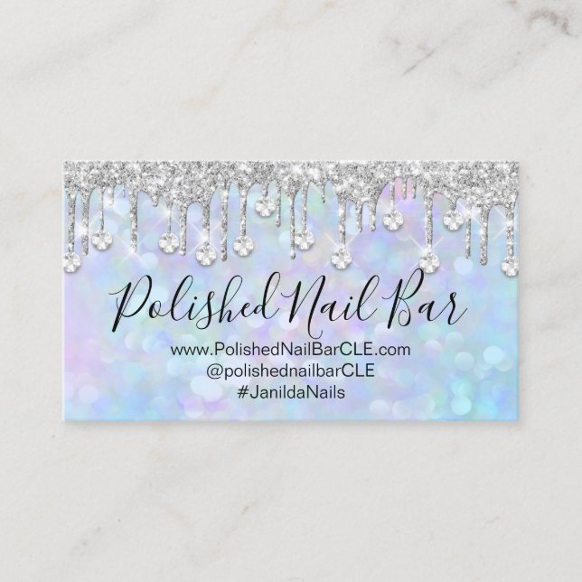 Tarjeta De Visita Artista de uñas Holografía Azul Diamante Plata Dri (Anverso)