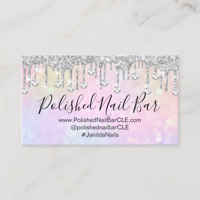 Tarjeta De Visita Artista de uñas Holografía rosa Diamante Plata Dri (Anverso)